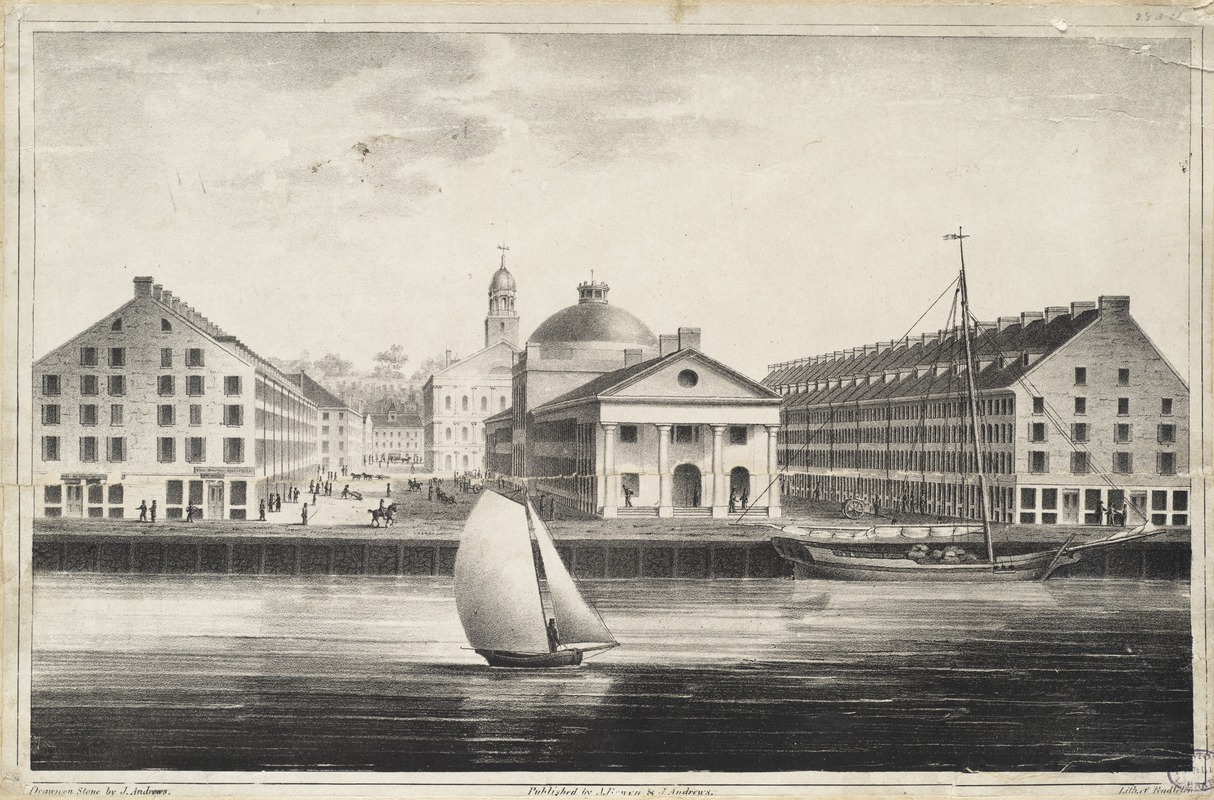 Engraving showing a view of Merchants Row from the Harbor
