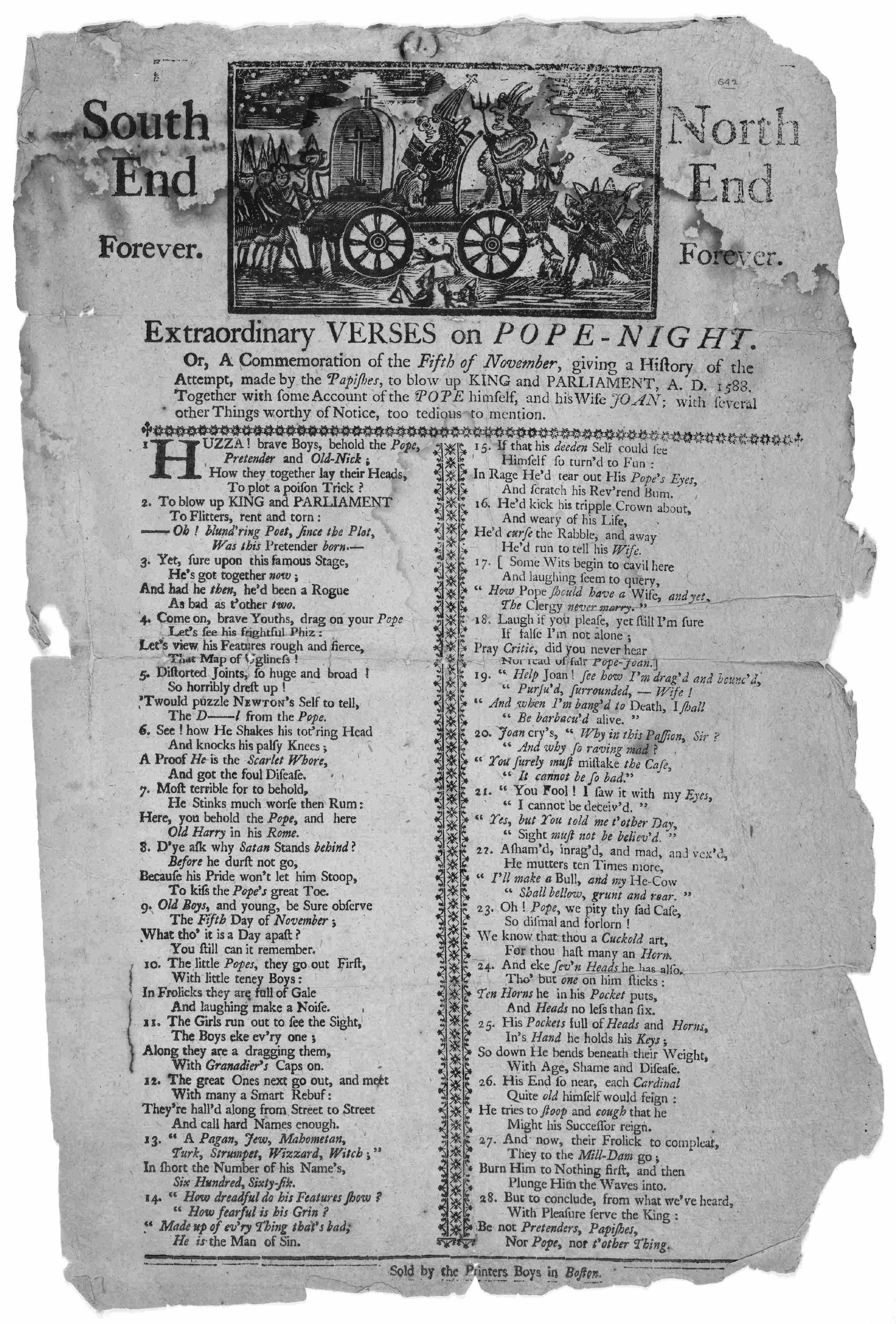 Printed broadside with the text Extraordinary Verses on Pope-Night